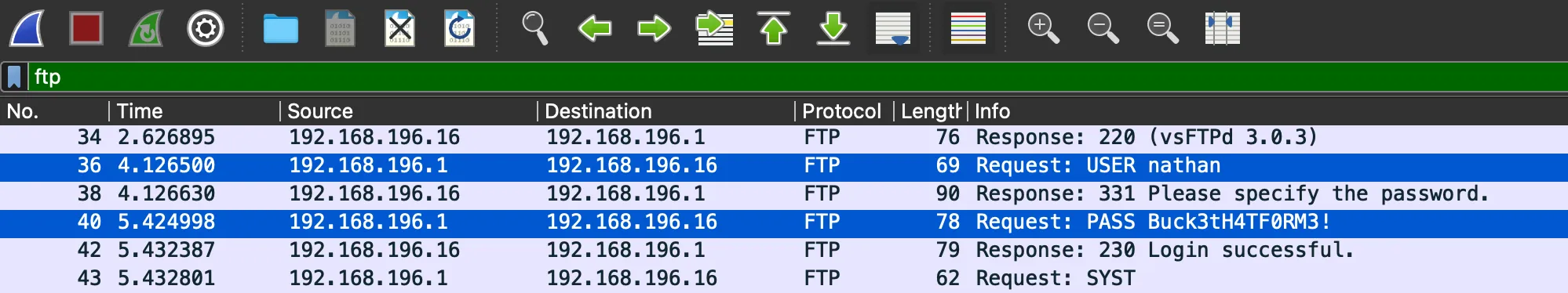 Mensajes FTP en Wireshark